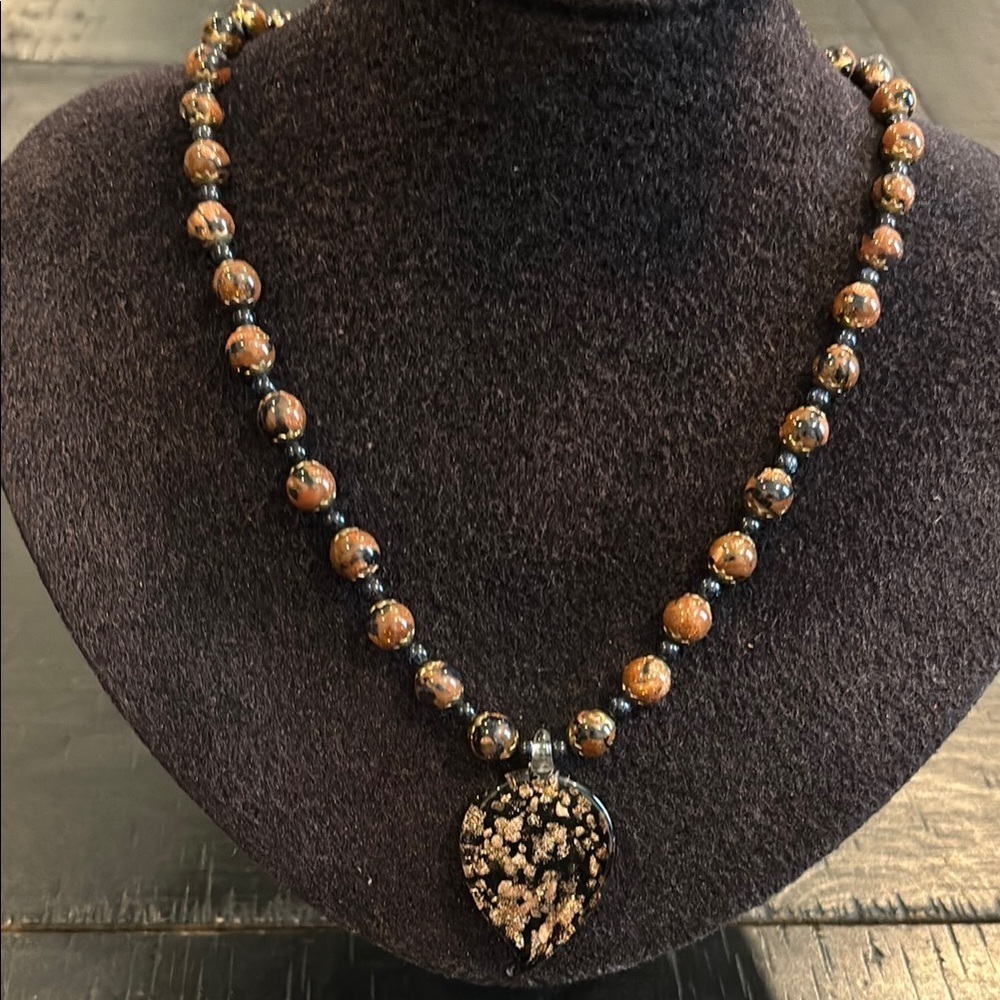 Vintage Dichroic Glads Leaf Pendant Elegant Black and Brown Beaded Necklace